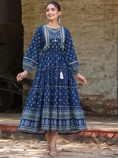 Juniper Women's Navy Blue Ethnic Motif Printed Pure Cotton Tiered Maxi Dress