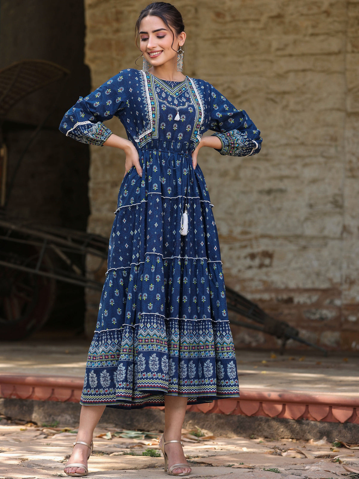 Juniper Women's Navy Blue Ethnic Motif Printed Pure Cotton Tiered Maxi Dress