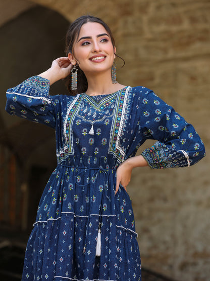 Juniper Women's Navy Blue Ethnic Motif Printed Pure Cotton Tiered Maxi Dress