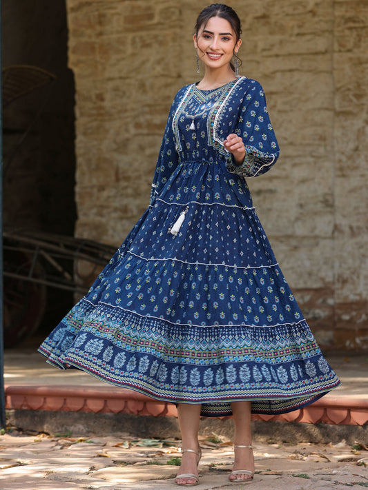 Juniper Women's Navy Blue Ethnic Motif Printed Pure Cotton Tiered Maxi Dress