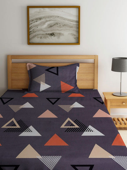 Home Sizzler Grey & White Geometric 144 TC Single Bedsheet with 1 Pillow Covers