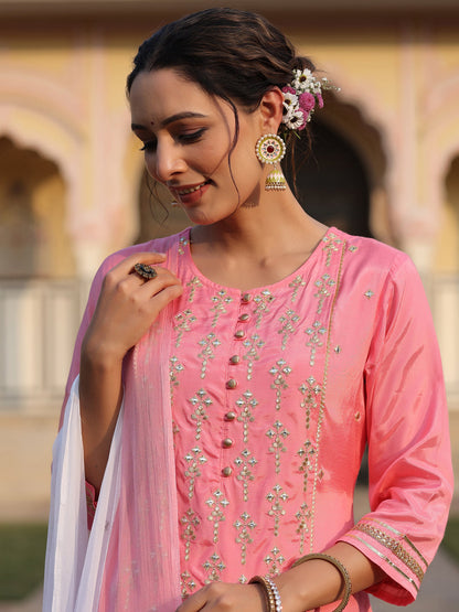Juniper Women's Pink Solid Viscose Kurta Pant & Dupatta With Mirror Work & Gota Patti