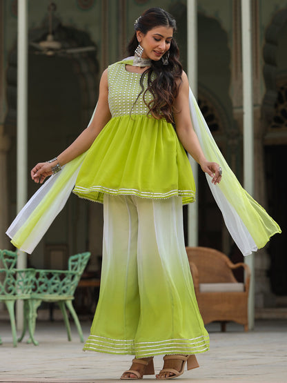Juniper Women's Green Solid Georgette Kurta Pant & Dupatta Set With Mirror & Thread Work
