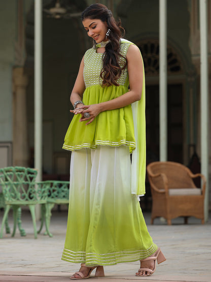 Juniper Women's Green Solid Georgette Kurta Pant & Dupatta Set With Mirror & Thread Work