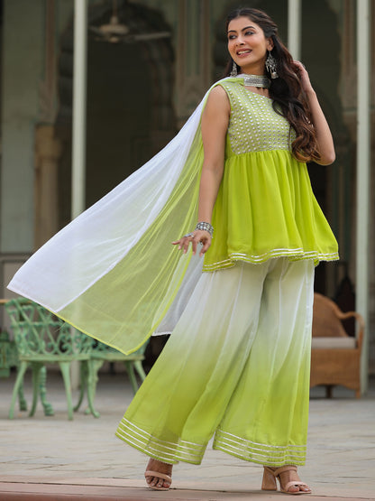 Juniper Women's Green Solid Georgette Kurta Pant & Dupatta Set With Mirror & Thread Work