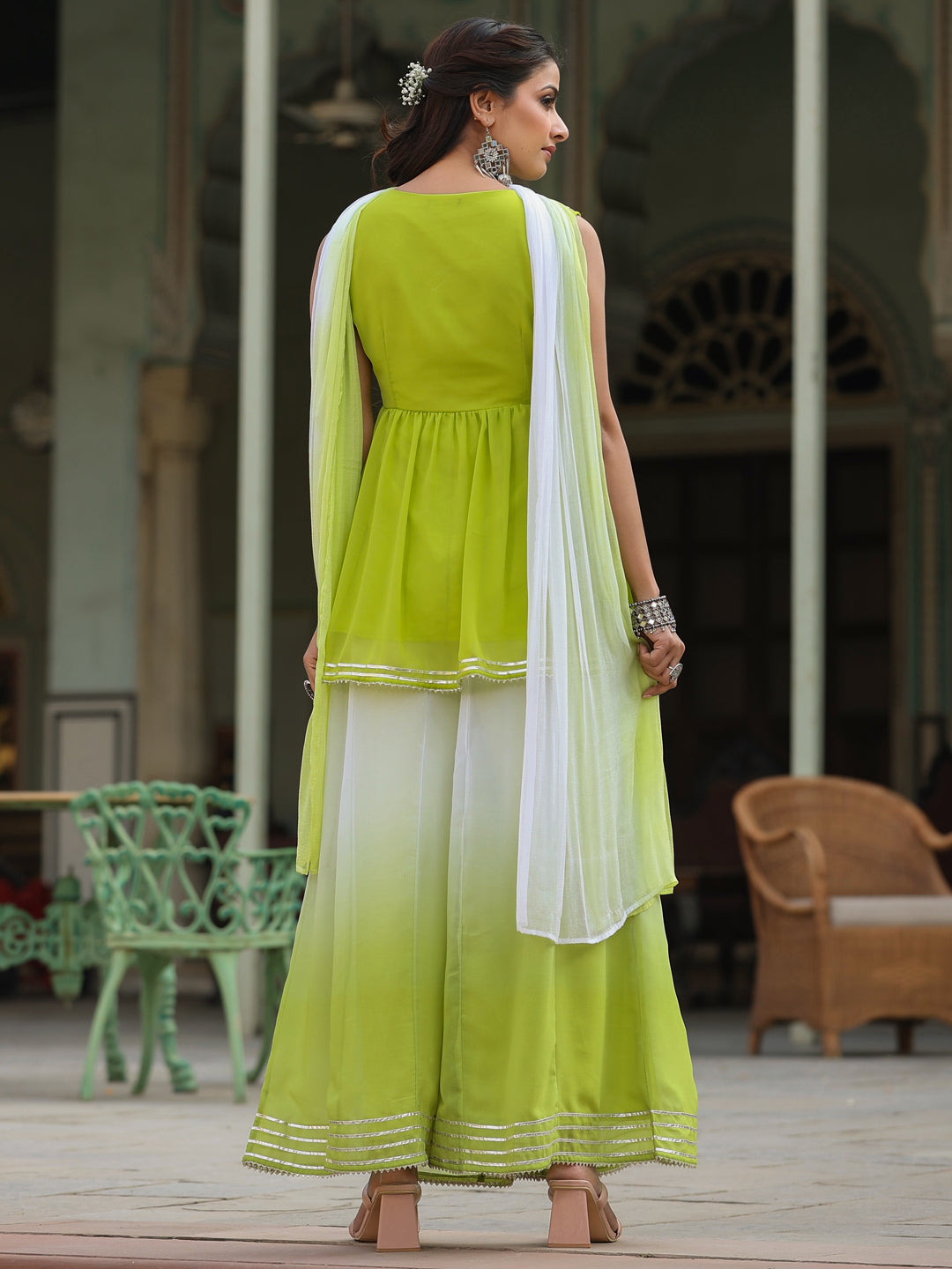 Juniper Women's Green Solid Georgette Kurta Pant & Dupatta Set With Mirror & Thread Work
