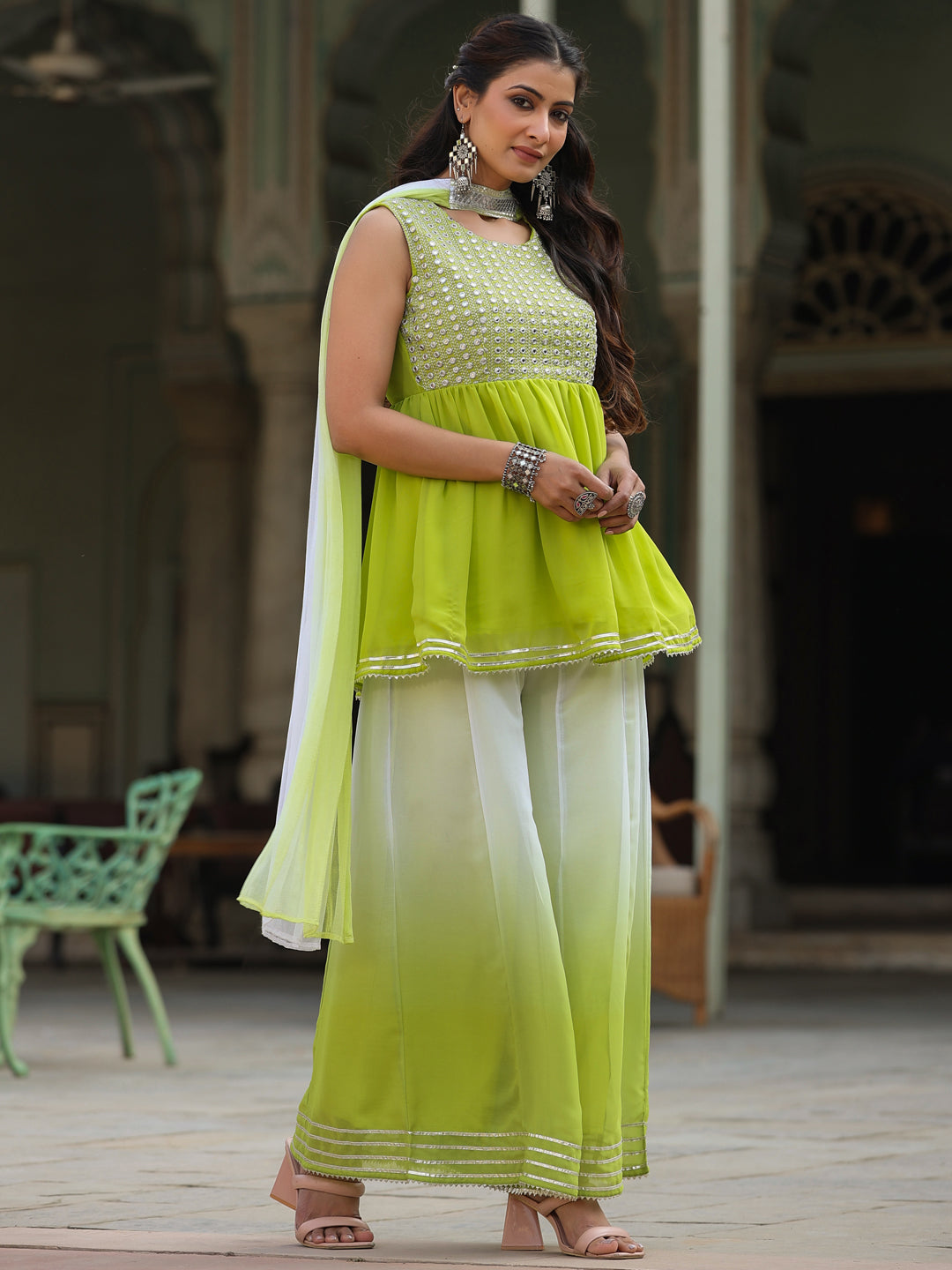 Juniper Women's Green Solid Georgette Kurta Pant & Dupatta Set With Mirror & Thread Work