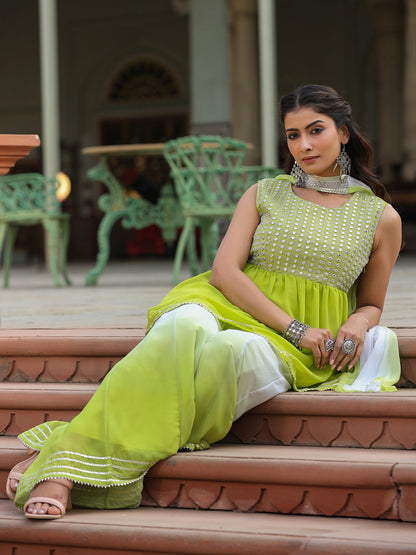 Juniper Women's Green Solid Georgette Kurta Pant & Dupatta Set With Mirror & Thread Work