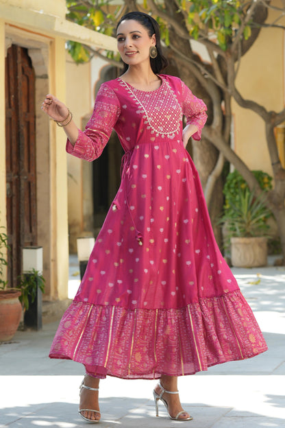 Juniper Women's Fuchsia Ethnic Motif Printed Viscose Dress With Doris & Sequins