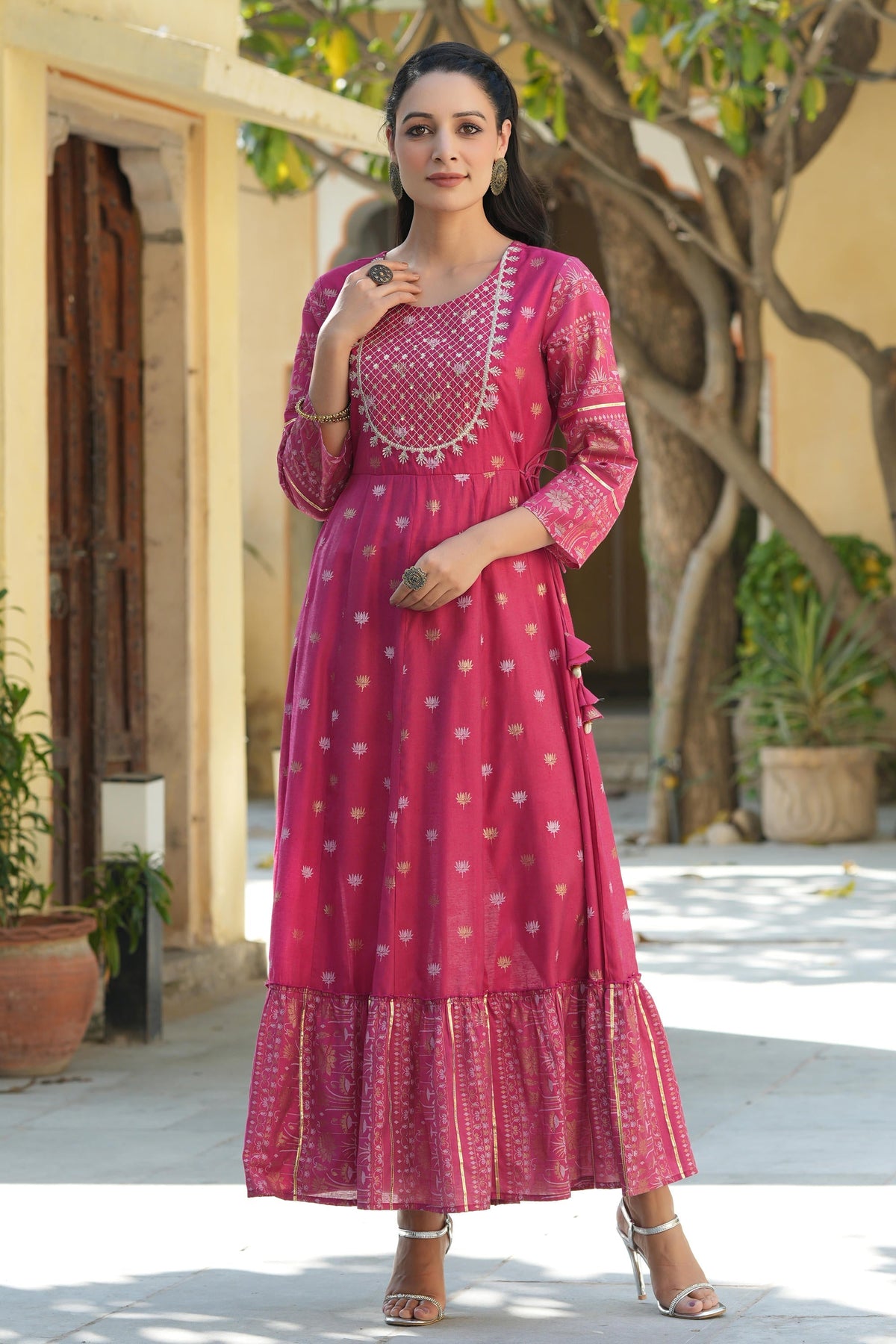 Juniper Women's Fuchsia Ethnic Motif Printed Viscose Dress With Doris & Sequins