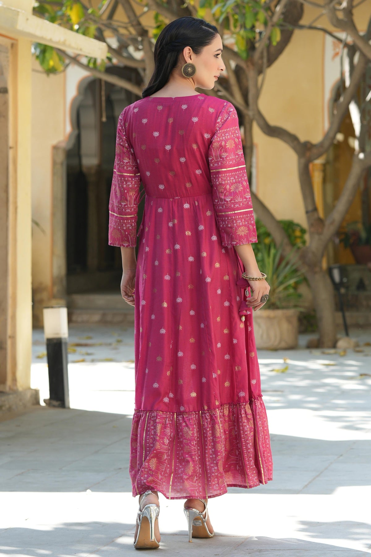 Juniper Women's Fuchsia Ethnic Motif Printed Viscose Dress With Doris & Sequins