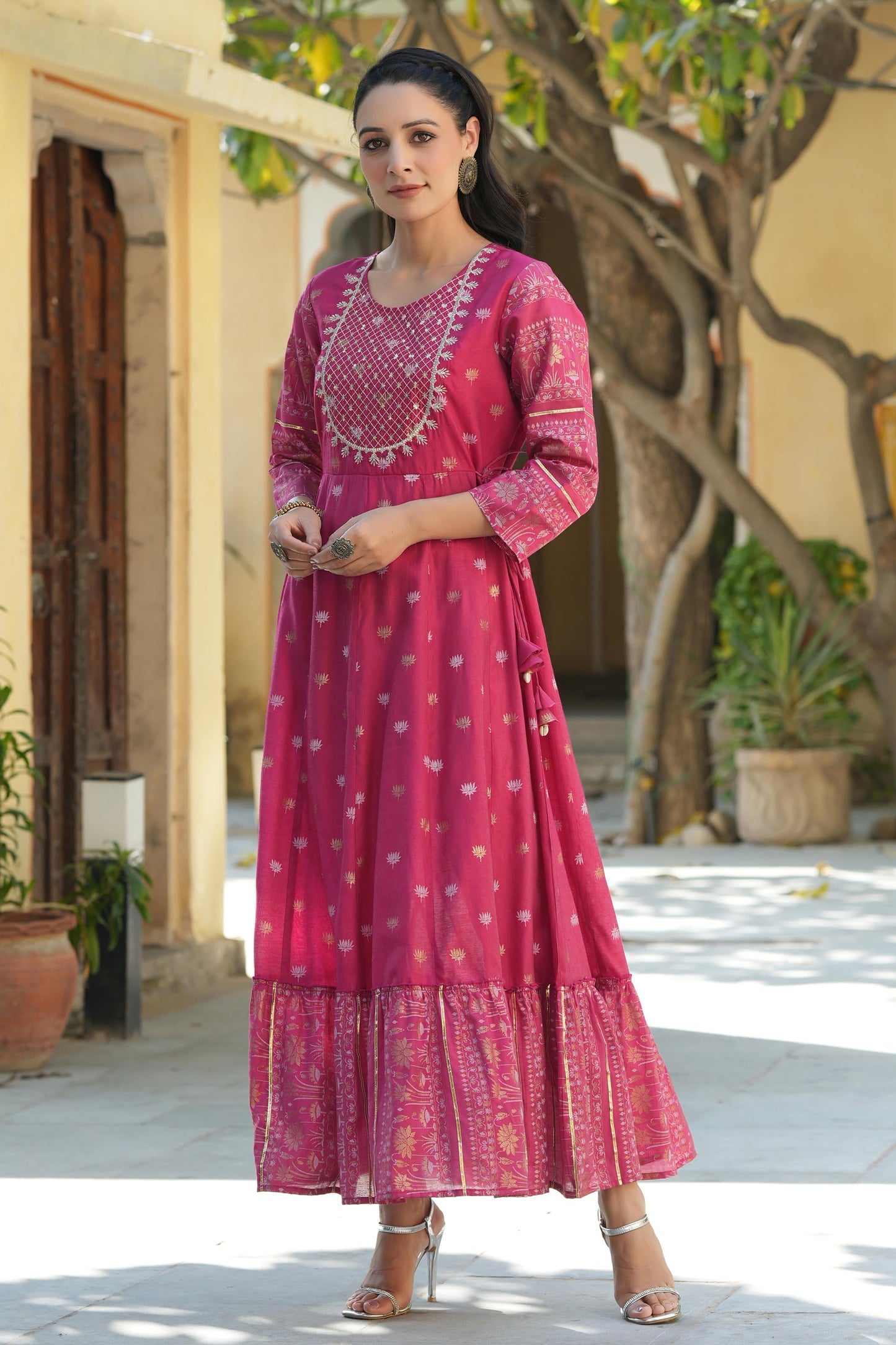 Juniper Women's Fuchsia Ethnic Motif Printed Viscose Dress With Doris & Sequins