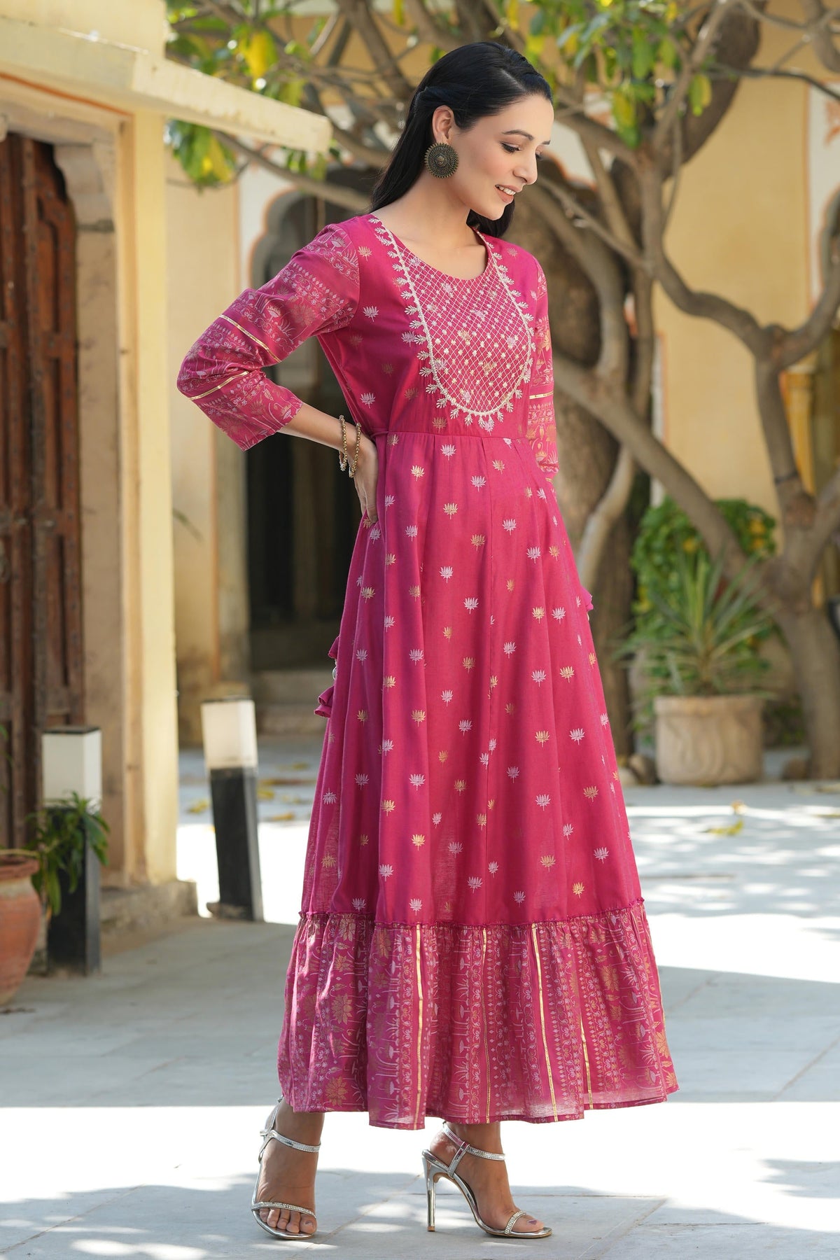 Juniper Women's Fuchsia Ethnic Motif Printed Viscose Dress With Doris & Sequins