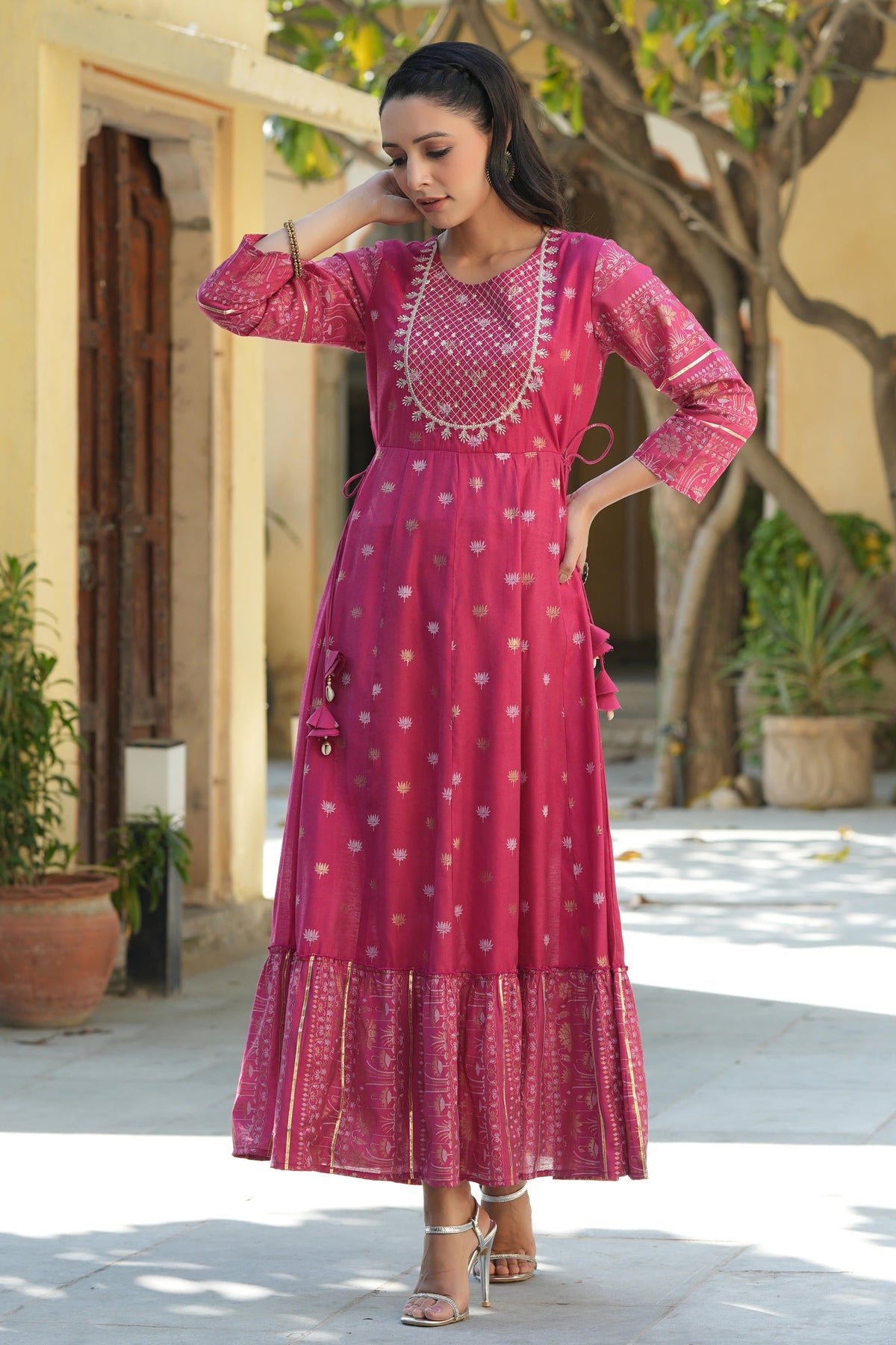 Juniper Women's Fuchsia Ethnic Motif Printed Viscose Dress With Doris & Sequins