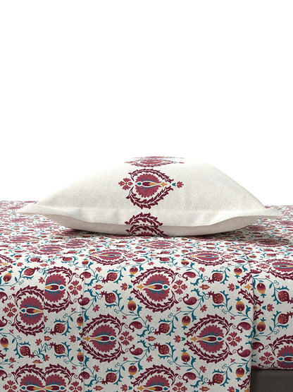 MYTRIDENT White Red Ethnic Motifs 144 TC Cotton Queen Bedsheet With 2 Pillow Covers