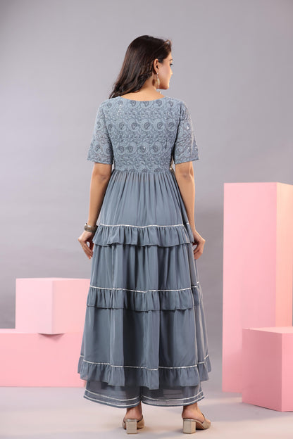 Juniper Women's Grey Thread Embroidered Georgette Dress & Palazzo Set With Sequins & Lace