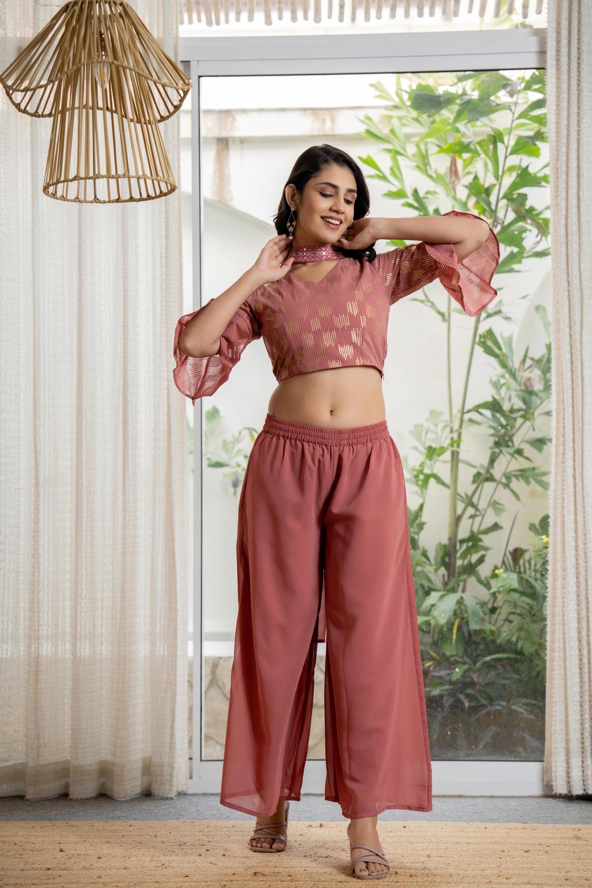 Juniper Women's Peach Solid Georgette Kurta Pant & Dupatta Set With Sequins & Thread Work
