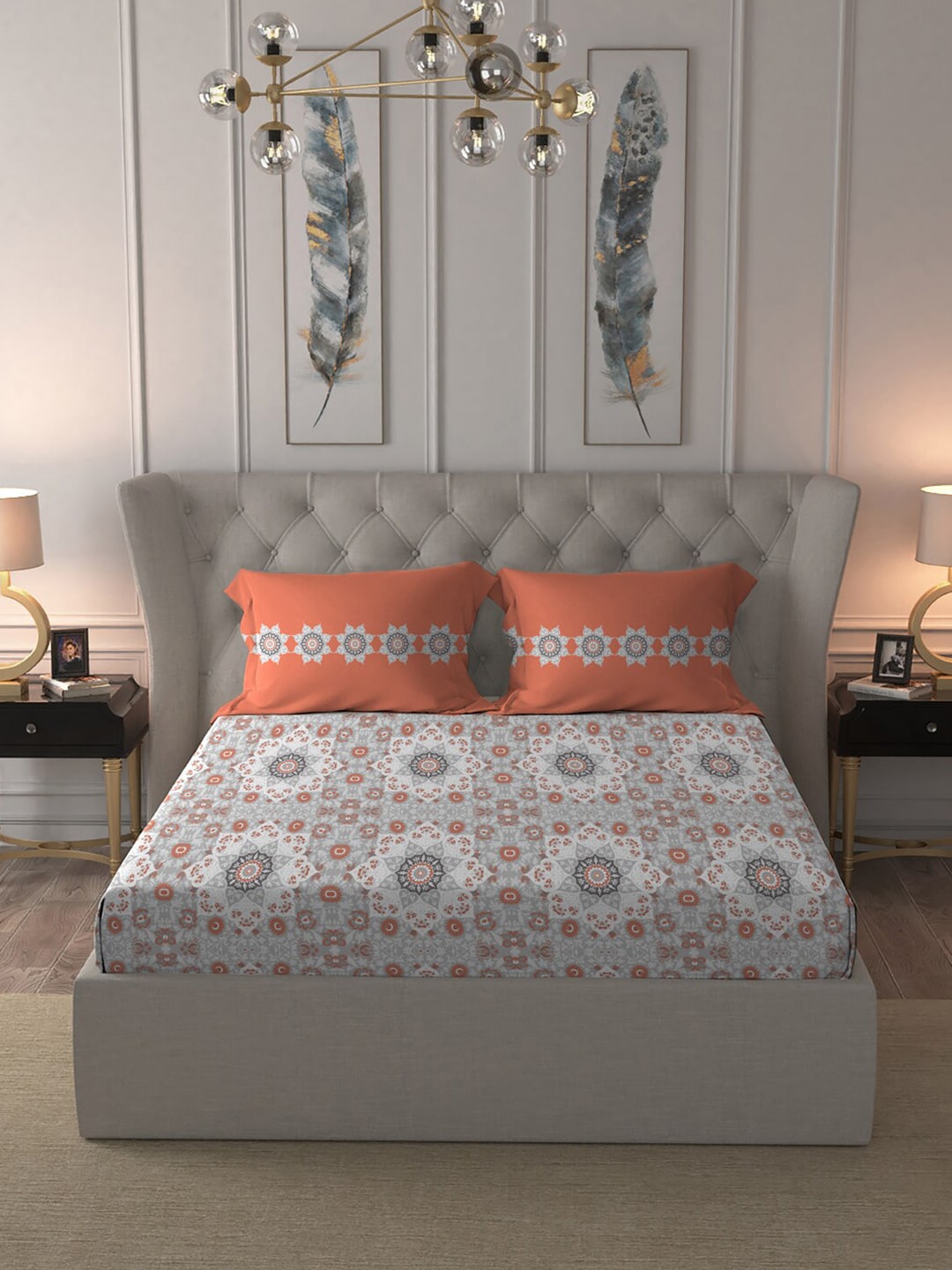 MYTRIDENT Grey White Floral Pure Cotton 144 TC Queen Bedsheet With 2 Pillow Covers