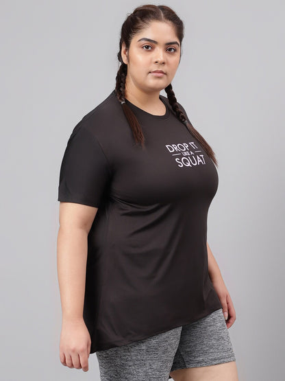 MKH Plus Size Typography Printed Drop-Shoulder Sleeves Relaxed Fit Dri-FIT T-shirt