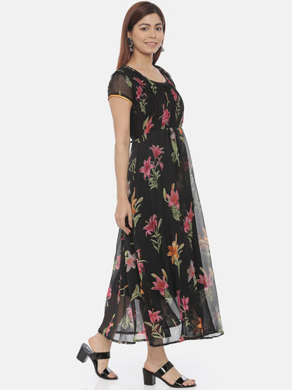 Souchii Women Black Printed Fit and Flare Dress