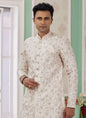 Raivat Ethnic Banarasi Jacquard Embroidery Indo Western Sherwani In Cream Colour