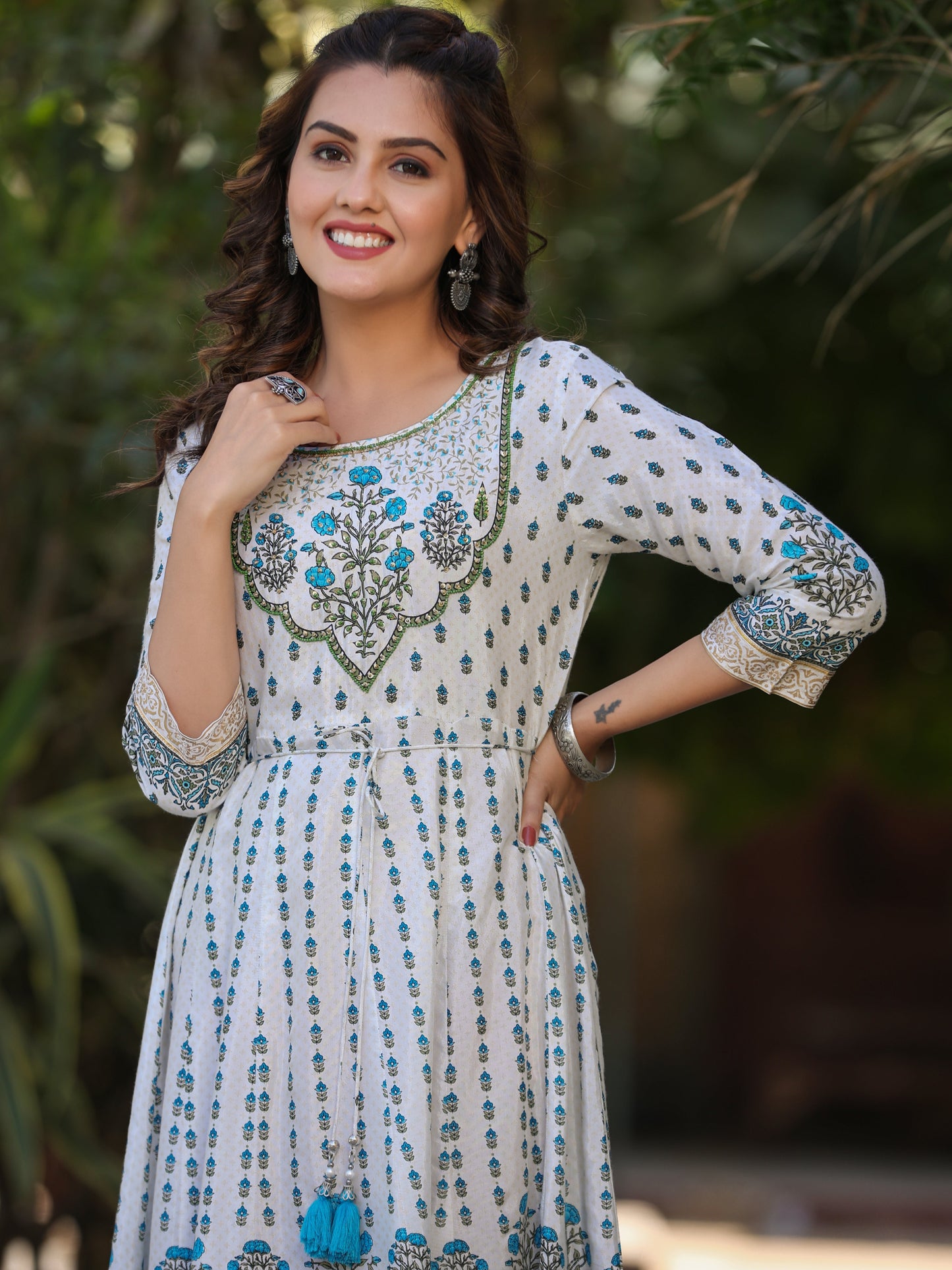 Juniper Blue Ethnic Motif Printed Flared Shantoon Maxi Dress With Beads & Sequins Work