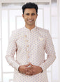 Raivat Ethnic Banarasi Jacquard Embroidery Indo Western Sherwani In Cream Blue Colour