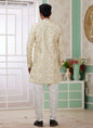 Raivat Ethnic Banarasi Jacquard Embroidery Indo Western Sherwani In Yellow Colour