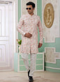 Raivat Ethnic Banarasi Jacquard Embroidery Indo Western Sherwani In Peach Colour