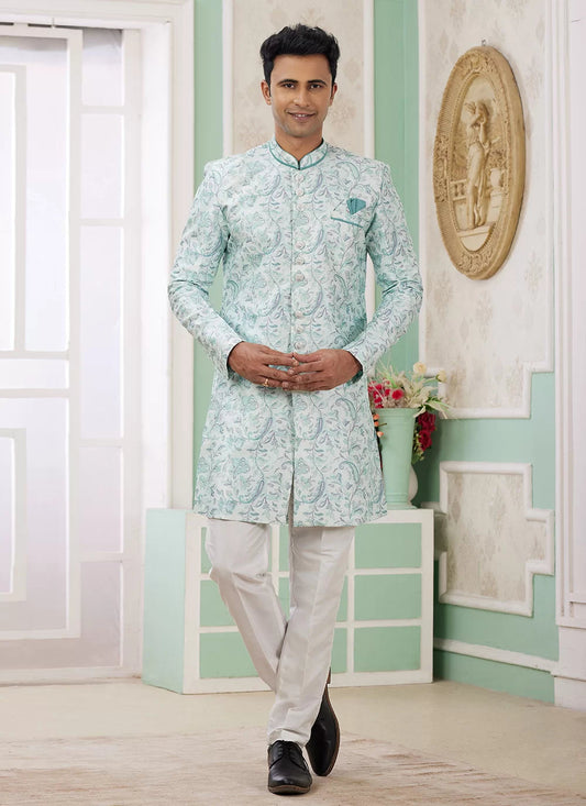 Raivat Ethnic Banarasi Jacquard Embroidery Indo Western Sherwani In Green Colour