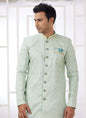 Raivat Ethnic Banarasi Jacquard Embroidery Indo Western Sherwani In Green Colour