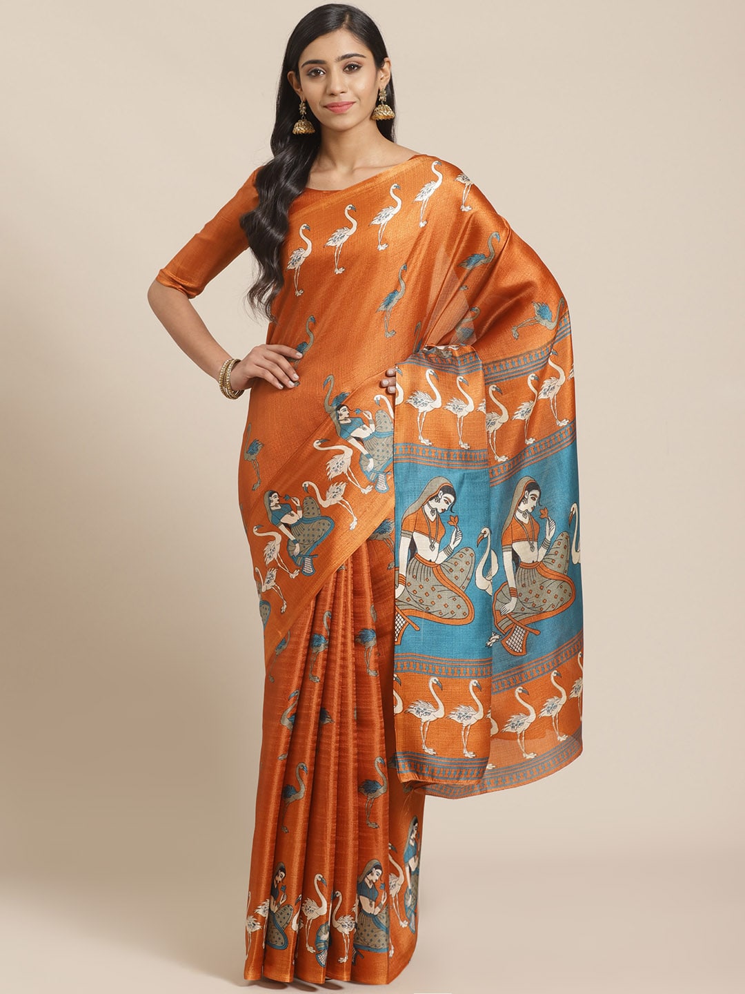 Saree Mall Rust Orange & Beige Ethnic Motifs Print Bhagalpuri Saree