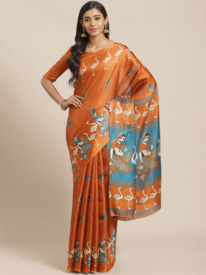 Saree Mall Rust Orange & Beige Ethnic Motifs Print Bhagalpuri Saree