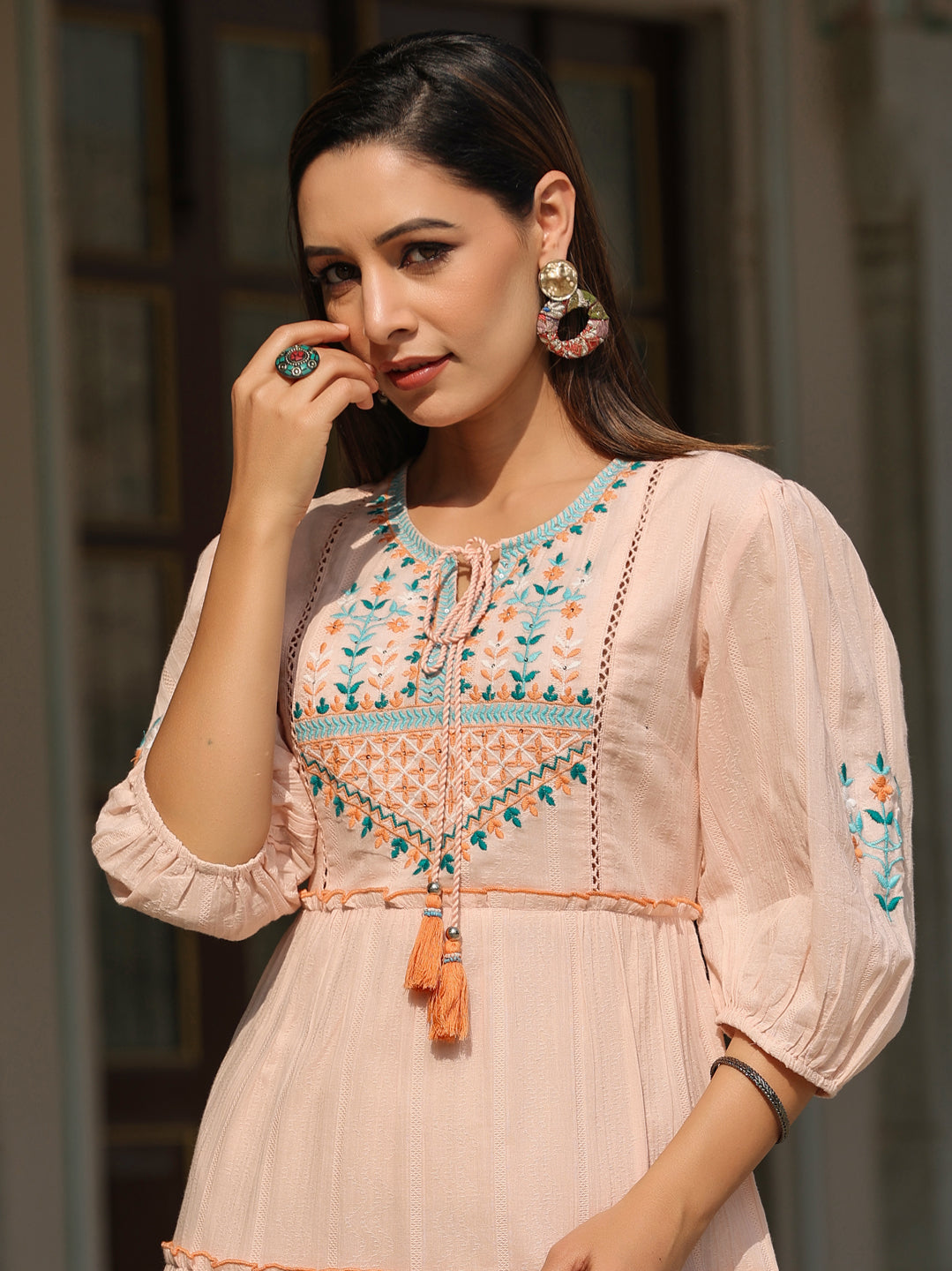 Juniper Women Peach Cotton Dobby Embroidered Tiered Maxi Dress