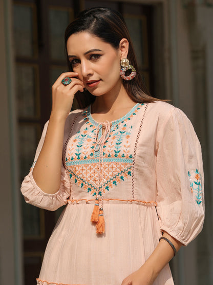 Juniper Women Peach Cotton Dobby Embroidered Tiered Maxi Dress