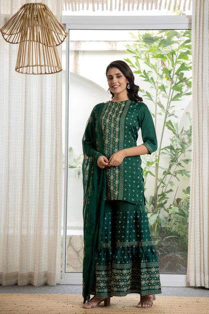 Juniper Women's Green Viscose Rayon Self Design Sharara Set