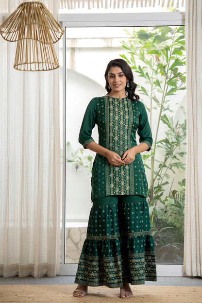 Juniper Women's Green Viscose Rayon Self Design Sharara Set