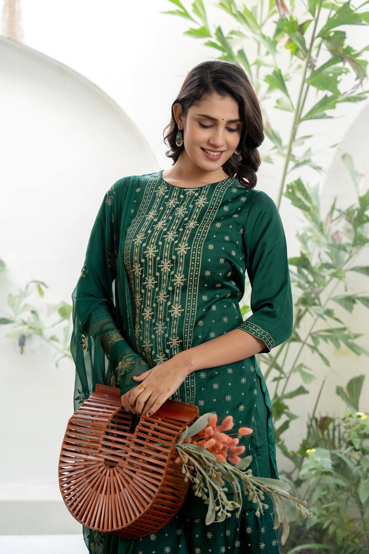 Juniper Women's Green Viscose Rayon Self Design Sharara Set