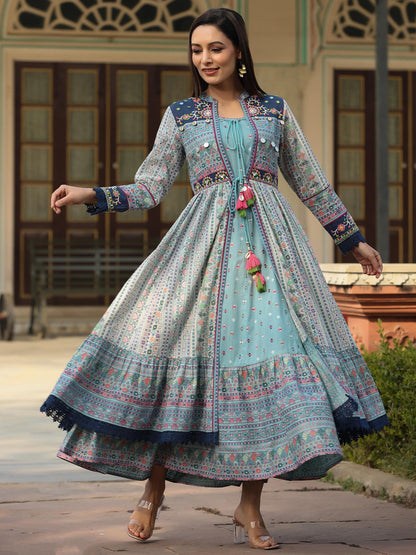 Juniper Women's Juniper Women's Sky Blue Cambric Printed With Embroidery Flared Dress