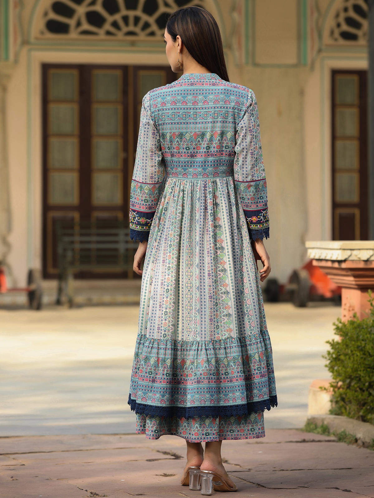 Juniper Women's Juniper Women's Sky Blue Cambric Printed With Embroidery Flared Dress