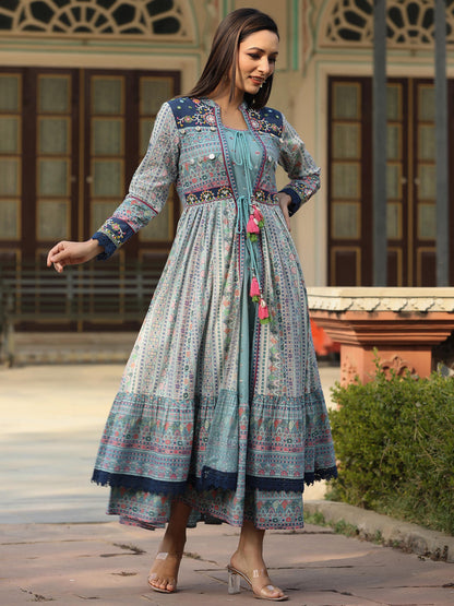 Juniper Women's Juniper Women's Sky Blue Cambric Printed With Embroidery Flared Dress
