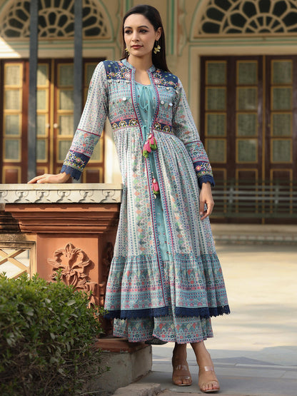 Juniper Women's Juniper Women's Sky Blue Cambric Printed With Embroidery Flared Dress