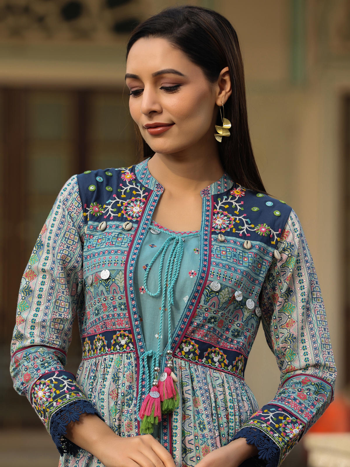 Juniper Women's Juniper Women's Sky Blue Cambric Printed With Embroidery Flared Dress