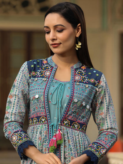 Juniper Women's Juniper Women's Sky Blue Cambric Printed With Embroidery Flared Dress
