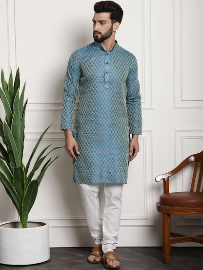 Sojanya Men Blue Ethnic Motifs Kurta with Pyjamas & Nehru Jacket