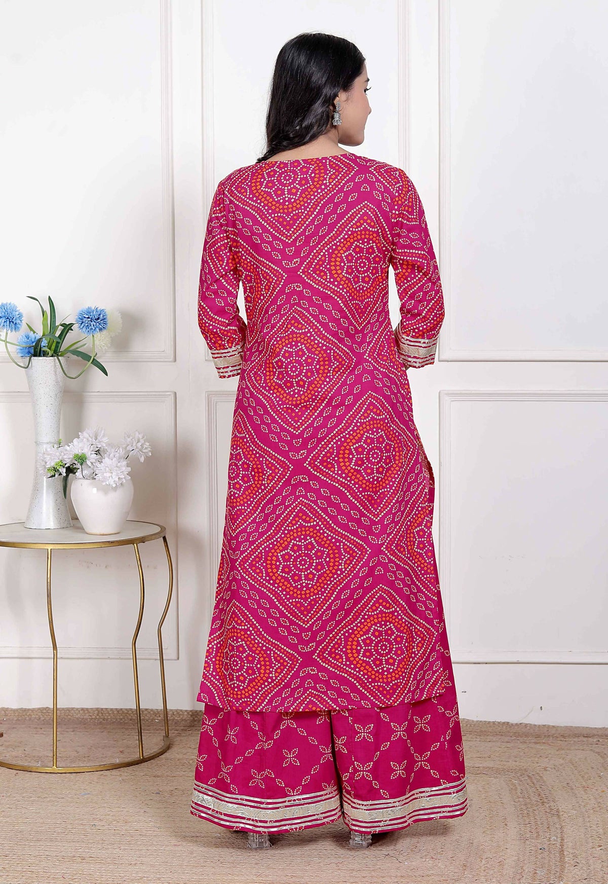 Miravan Women's Pink Bandhani Printed Straight Kurta with Palazzo & Dupatta