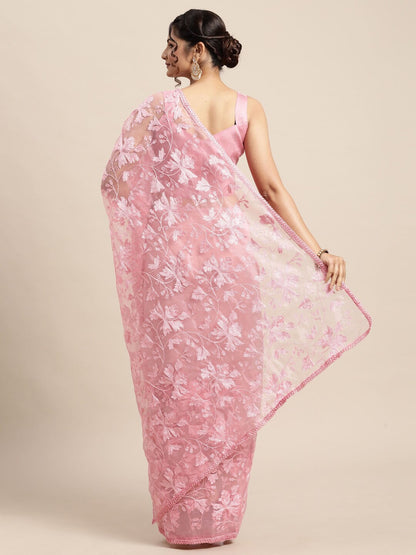 Saree Mall Pink Floral Embroidered Organza Sarees