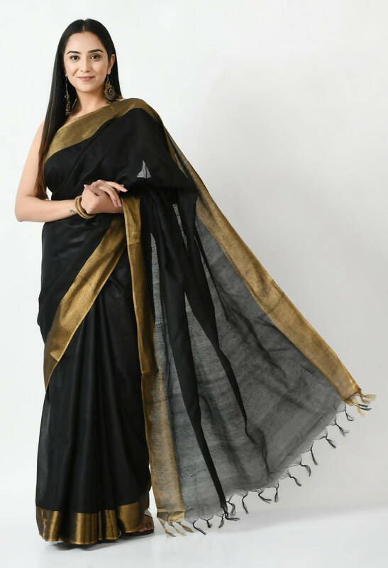 Mominos Fashion Moeza Black Bhagalpuri Handloom Silk Jay Shree Saree with unstitched Blouse piece