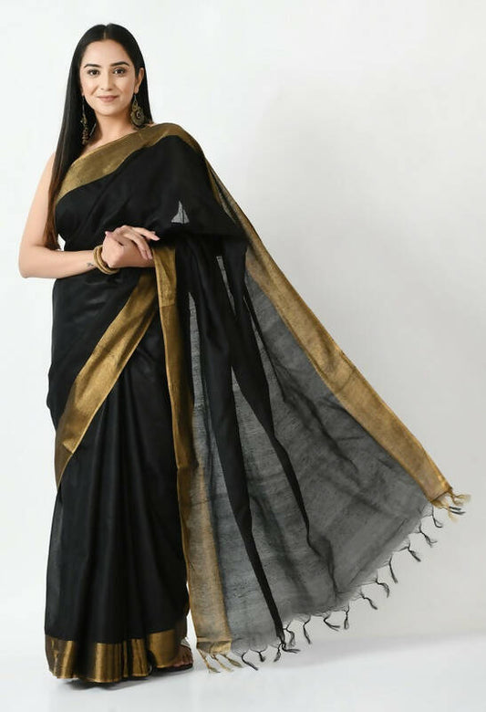 Mominos Fashion Moeza Black Bhagalpuri Handloom Silk Jay Shree Saree with unstitched Blouse piece