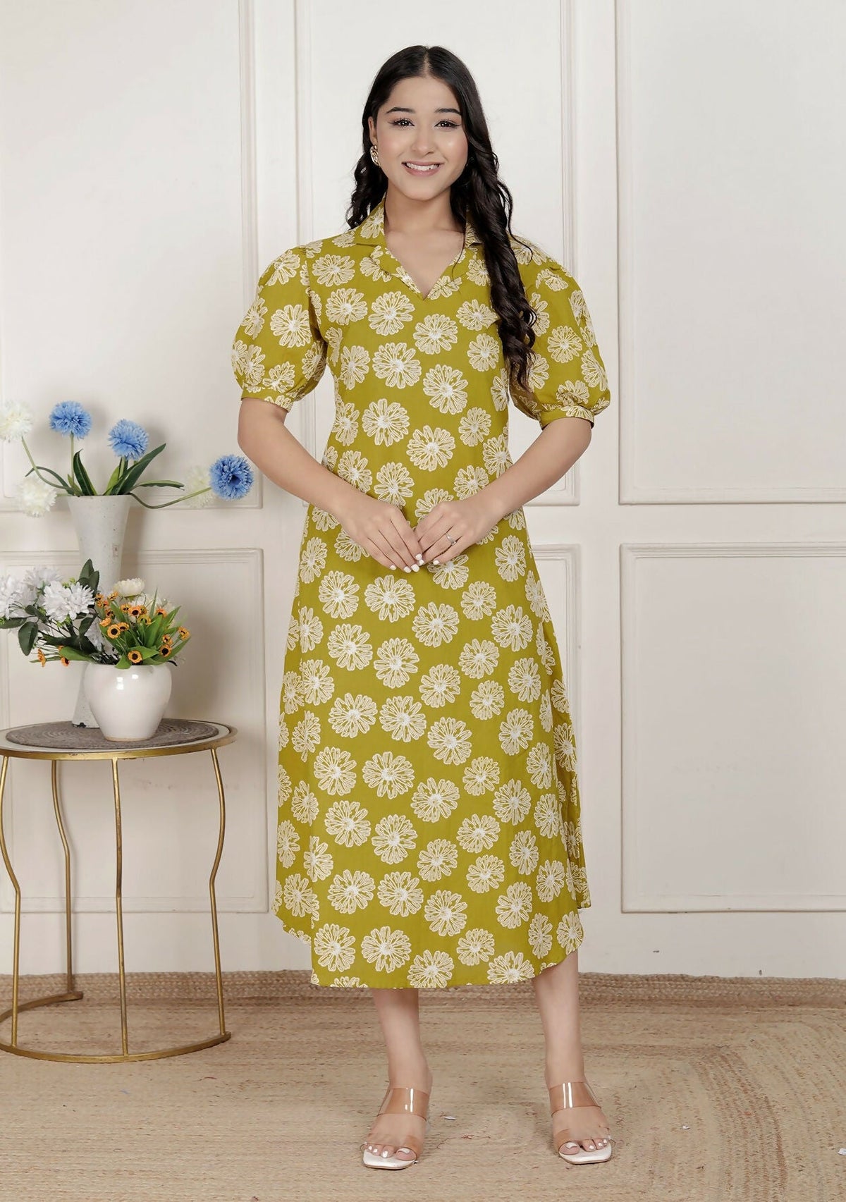 Miravan Women'S Yellow Printed Puff Sleeve Floral Maxi Party Dress